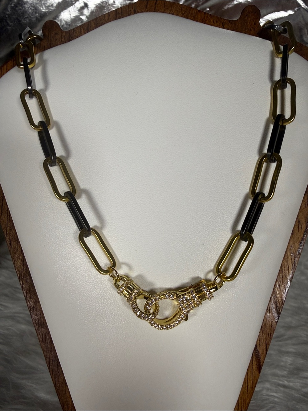 Freida Rothman Gold and Black Chainlink Necklace with Crystal-Embellished Clasp